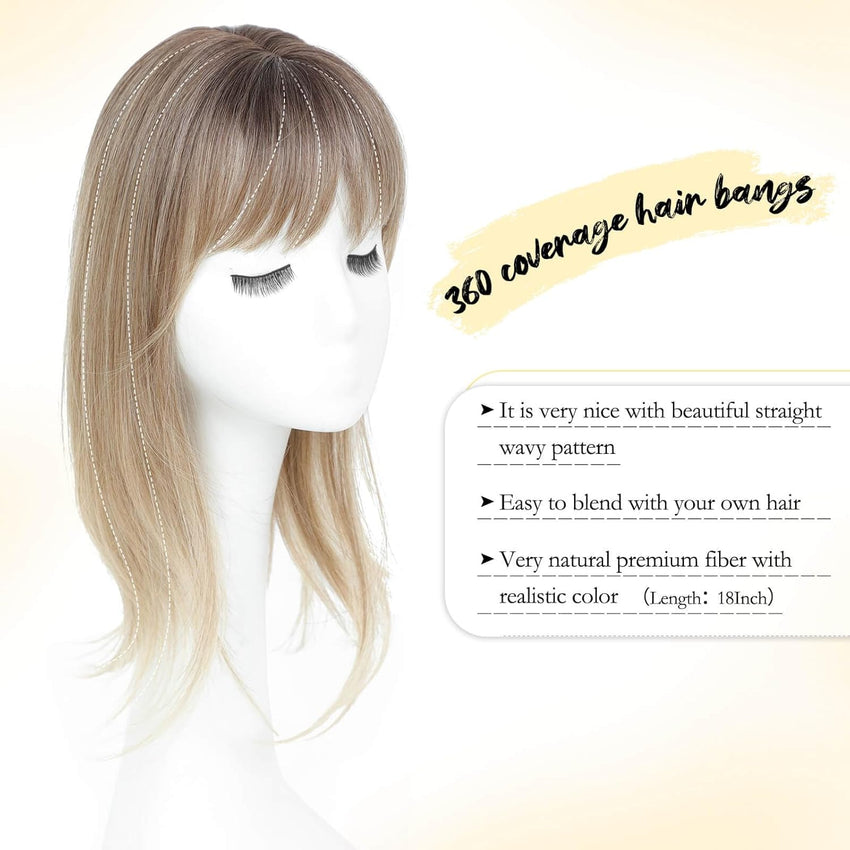 Peonymebeauty Clip in Fringe Hair Toppers, 4"X5" Base Topper with Bangs for Hair Loss Long Layered 18 Inch Synthetic Fiber Wiglets Ladies Straight Hairpieces for Women(Natural Blonde with Dark Root)
