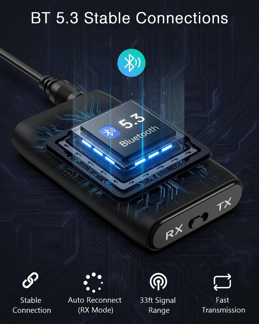 ORIA Bluetooth 5.3 Transmitter Receiver, Bluetooth Audio Adapter 3.5mm Jack for TV to Compatible Wireless Headphones, Low Latency, CVC Noise Reduction for PC, Speakers, Home Stereo