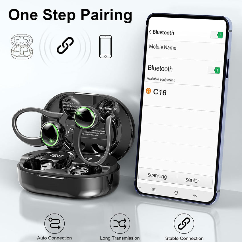 Wireless Earbuds Bluetooth 5.4 Sport ENC 4 Mics 50h Playtime Black