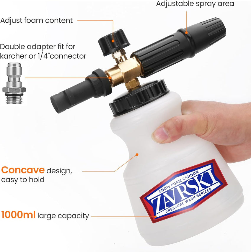Zavrski Snow Foam Lance Cannon 1 Liter Adjustable Snow Foam Gun for Karcher K2 K3 K4 K5 K6 K7 Pressure Washer Accessories Car Foam Sprayer with 1/4'' Quick Connector