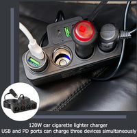 120W 7 in 1 Car Cigarette Lighter USB Charger, Multi Socket Car Charger Splitter Adapter with 4 Sockets and 3 USB Ports QC 3.0 USB 3.1 PD 3.1, Multi Device Fast Charging for 12V 24V Vehicles, Phones