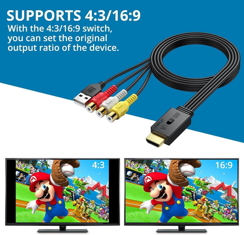 AUTOUTLET RCA to HDMI with 1080P/720P HD Support, AV to HDMI Converter, Long 150cm Cable, Plug & Play Mini Composite CVBS Audio Video Adapter for VCR, VHS, DVD Players and Classic Gaming Consoles