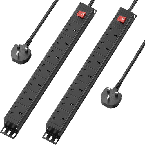 2 Pack - 7 Way Power Strip Surge Protector with Switch, Rack Mount 19inch Power Socket, Wall Mount Power Strip for Home, Office and Industrial Use, 1.8M Extension Cord, Black