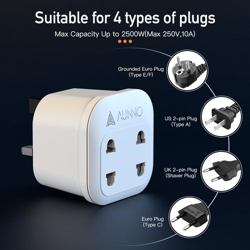 AUNNO Double Shaver Plug Adaptor UK, 2500W 2 Way Plug Adapter for Bathroom Electric Razor and Electric Toothbrush etc, 2 Pin to 3 Pin Plug Adapter with 10A Fuse