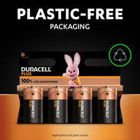 Duracell Plus D Batteries (4 Pack) - Alkaline 1.5V - 100% Life Guaranteed - Reliability For Everyday Devices - 0% Plastic Packaging - 10-Year Storage - LR20 MN1300