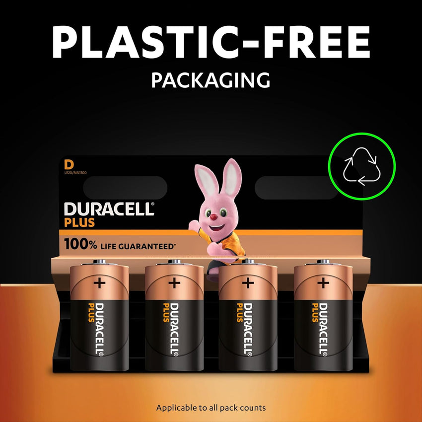 Duracell Plus D Batteries (4 Pack) - Alkaline 1.5V - 100% Life Guaranteed - Reliability For Everyday Devices - 0% Plastic Packaging - 10-Year Storage - LR20 MN1300
