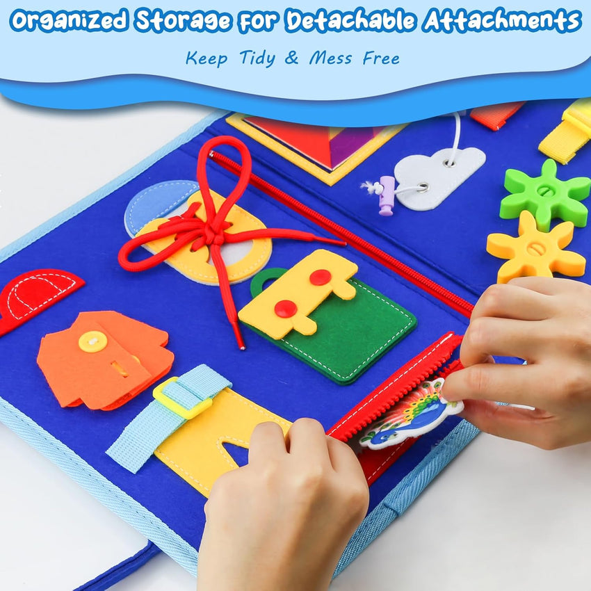 Montessori Busy Board for Toddlers with Basic Life Skills Activities â Blue