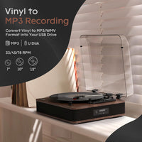Retrospiler Record Player, Bluetooth Input & Output Turntable with Built-in Speakers, FM Radio, Vinyl-MP3 Recording, USB & SD Playback, LED Screen, Walnut...