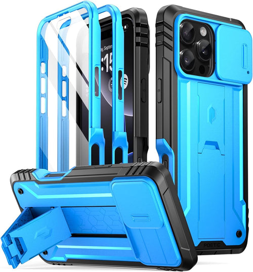 Poetic Revolution Case for iPhone 16 Pro Max 6.9 inch, [Slide Camera Cover], Full-Body Military Grade Rugged Shockproof Cover Broken KickstandLight Blue