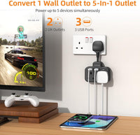 Double Plug Adaptor with USB, 2 Way Wall Adapter with Short Extension Lead, Multi Plug Socket Extender For Home Office (Black)