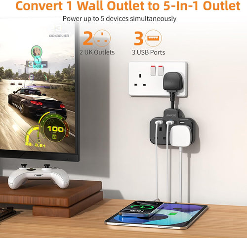 Double Plug Adaptor with USB, 2 Way Wall Adapter with Short Extension Lead, Multi Plug Socket Extender For Home Office (Black)