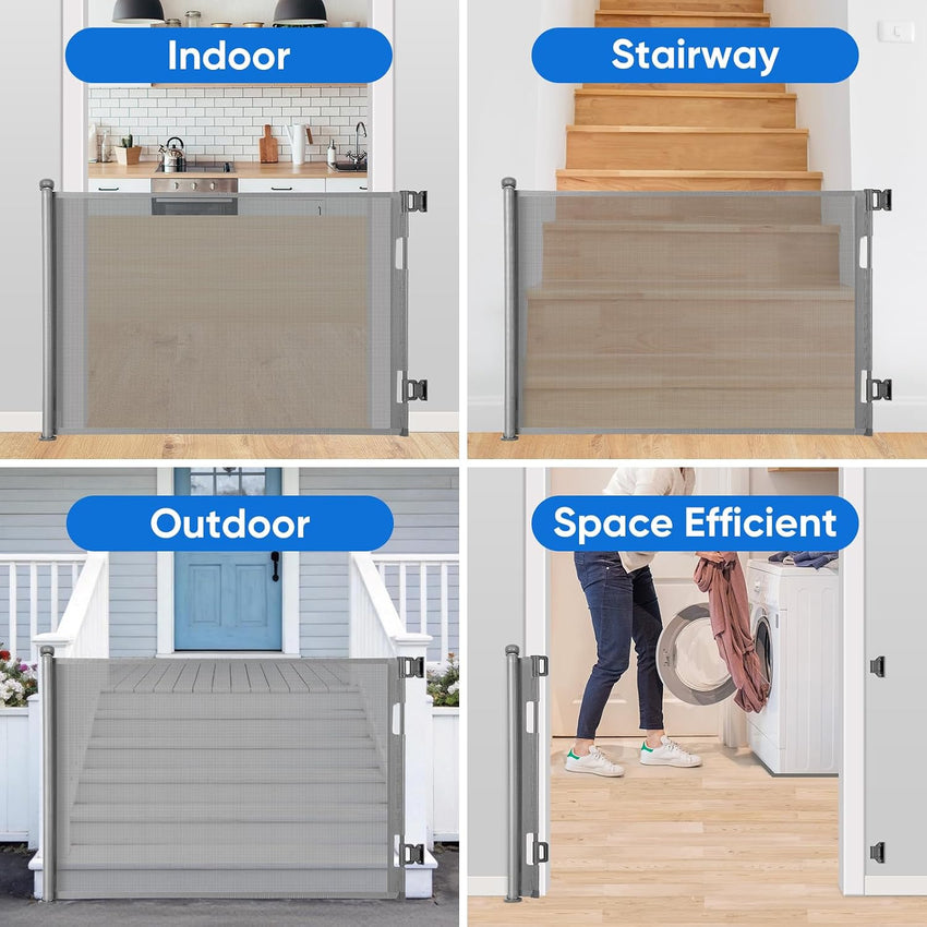 MYPIN Extra Wide Retractable Dog and Baby Gates - Indoor/Outdoor Stair Gates for Stairways, Hallways, Doorways (Grey, 140 X 86 CM)