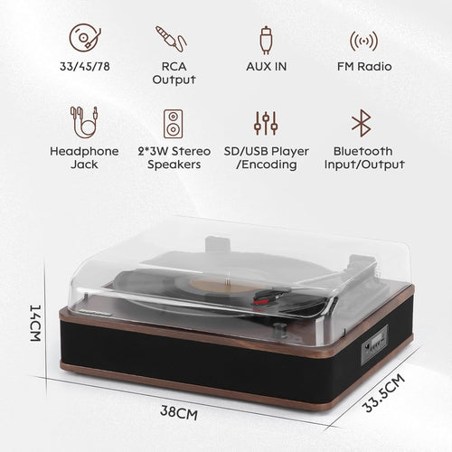 Retrospiler Record Player, Bluetooth Input & Output Turntable with Built-in Speakers, FM Radio, Vinyl-MP3 Recording, USB & SD Playback, LED Screen, Walnut...