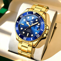 Men's Automatic Watch Big Stainless Steel Case Date Display Blue/Gold