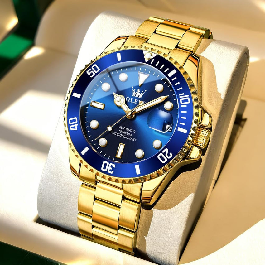 Men's Automatic Watch Big Stainless Steel Case Date Display Blue/Gold
