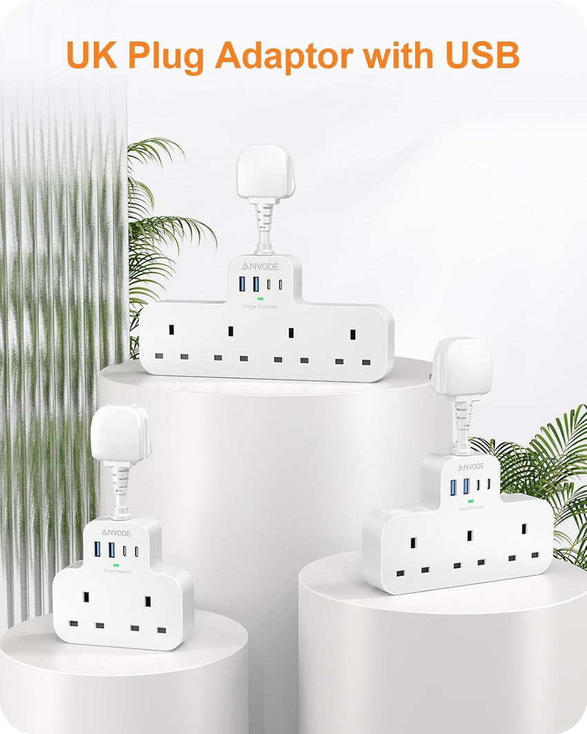 Multi Plug Extension Socket with 4 USB Ports, ANVODE 2 Way Plug Adaptor with Flexible Cable, Short Extension Lead Double Adapter Plug UK for Bedroom, Office, Kitchen. White