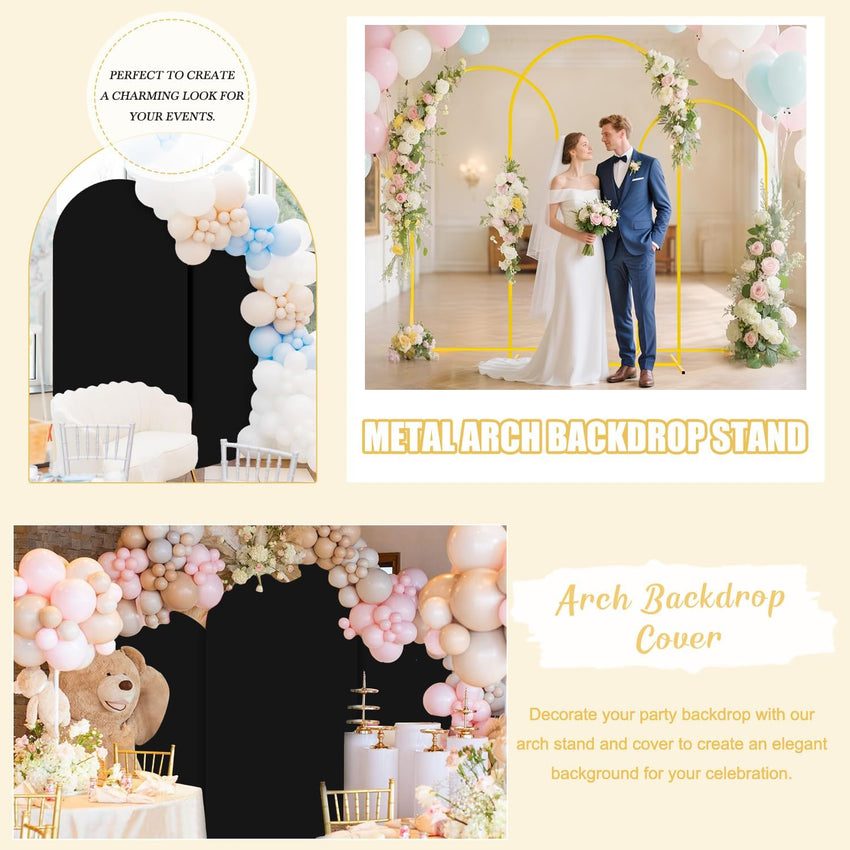 3-Piece Metal Arch Backdrop Stands with Gold Frames & Black Covers 6ft/5ft/4ft Black 3pcs
