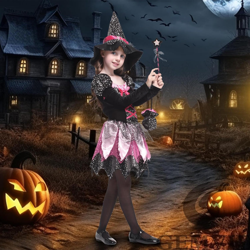 GEMVIE Halloween Witch Costume for Kids â Dress, Hat, Wand, Candy Bag