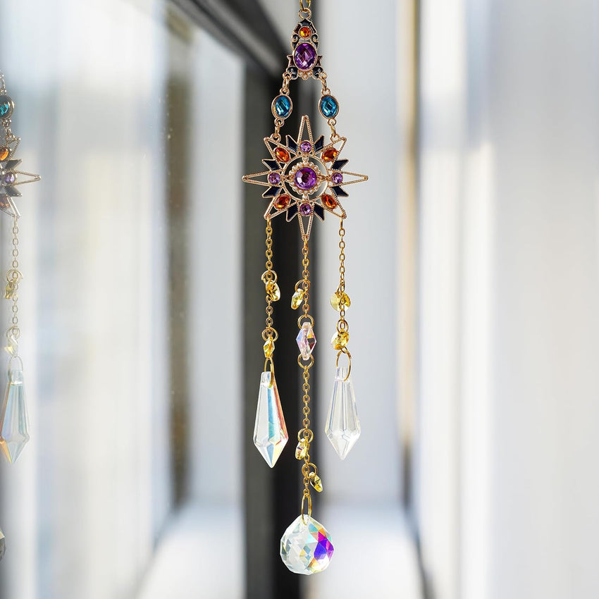 Hanging Sun Catchers with Crystals, Glass Icicle Prisms Rhinestones Suncatcher, Rainbow Maker Pendant Indoor Window Home Car Decor Gift