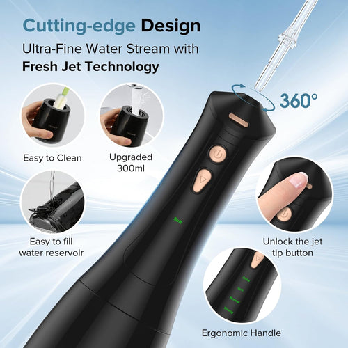 Water Flosser Cordless Rechargeable 2000mAh 5 Modes 5 Tips 300ml IPX7