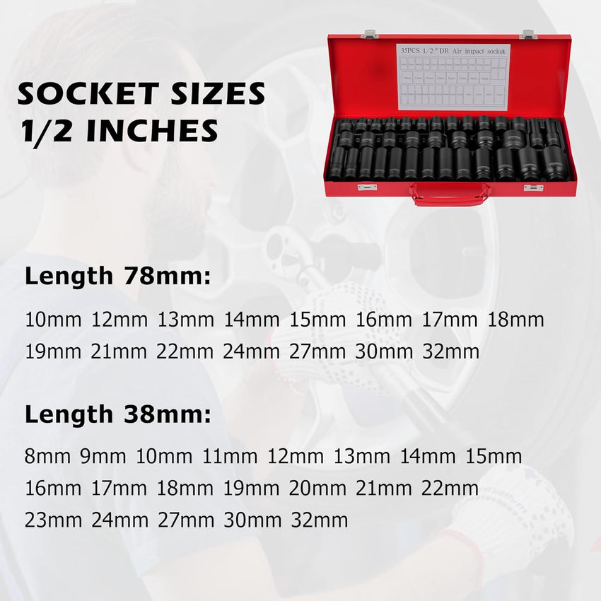 35pcs 1/2" Drive 6 Point 8-32mm Metric Deep Impact Socket Set Car Garage Tools