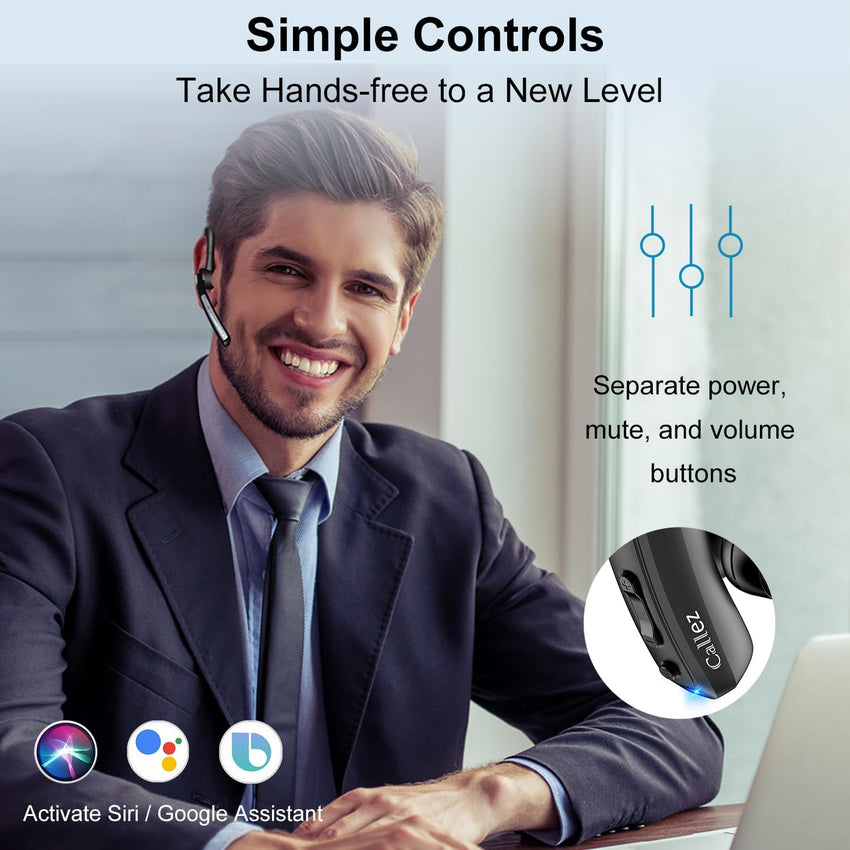 Callez Bluetooth Headset for iPhone Android Mobile Phone, Single Ear Bluetooth Earpiece V5.0 Handsfree with CVC8.0 Dual Mic ENC Noise Cancelling for Trucker Business Office Work
