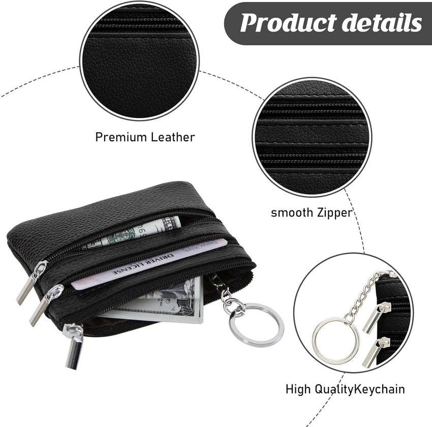 Small Leather Wallet Mini Coin Purse Credit Card Holder 3 Compartments Business Card Key Case Ã¢ÂÂ Black