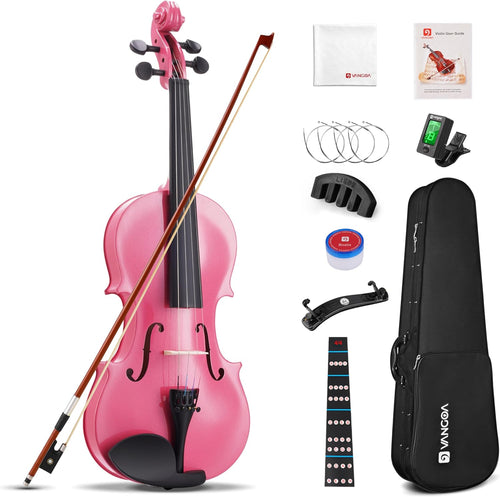 Vangoa 1/4 Violin Set Acoustic Violin Fiddle Quarter Size for Kids Beginners Students with Violin Case, Rosin, Shoulder Rest, Tuner, Strings, Violin Bow, Fingerboard Sticker, Pink
