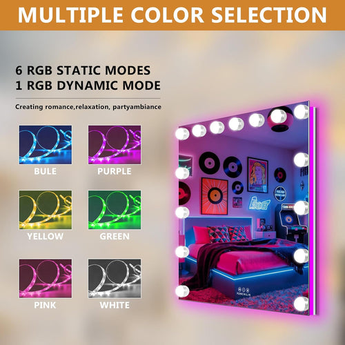 FENCHILIN Hollywood Mirror with RGB Backlit 15 LED Vanity Mirror with Lights 3 Lighting Modes Dynamic RGB Backlit Hollywood Vanity Makeup Mirror with Lights Shatterproof for Dressing Table 58x46cm