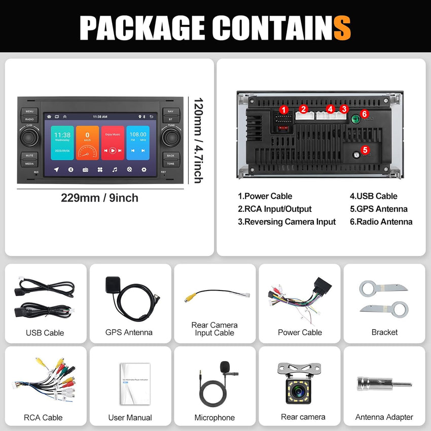 CAMECHO 2G+64G Android 13 Car Stereo for Ford Fiesta Focus Kuga Transit Connect Mondeo Smax with Wireless Carplay Android Auto 7" Touch Screen Bluetooth Car Radio with GPS WiFi FM RDS Reversing Camera
