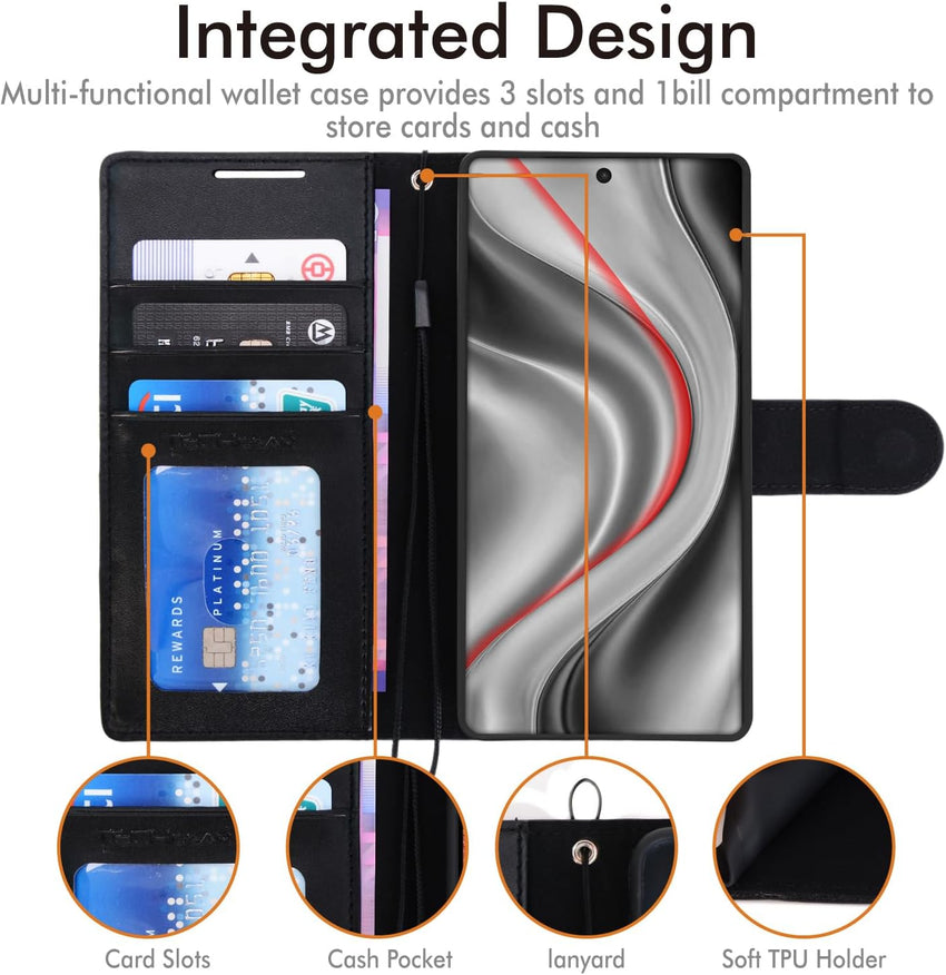 TECHGEAR For Samsung S25 Ultra Phone Case, Black PU Leather Wallet Case with RFID Blocking, Card Slots, Stand Function, Wrist Strap, Magnetic Closure, Shockproof Protection for Galaxy S25 Ultra 5G