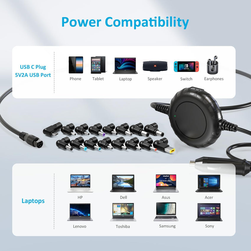 Zolt Universal Laptop Car Charger, Laptop Power Supply Adapter for Lenovo HP Dell Asus Acer Toshiba Samsung Sony with 5V 2A USB Port, USB C DC Adapter, 100W Max.