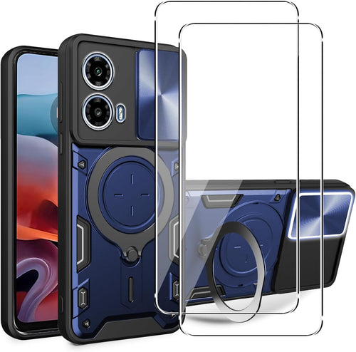 KUSINHOKA Case for Motorola Moto G34 5G With Slide Camera Protection Cover,Magnetic Metal Ring Kickstand Shockproof Military Grade Heavy Duty Tough Cover,Blue