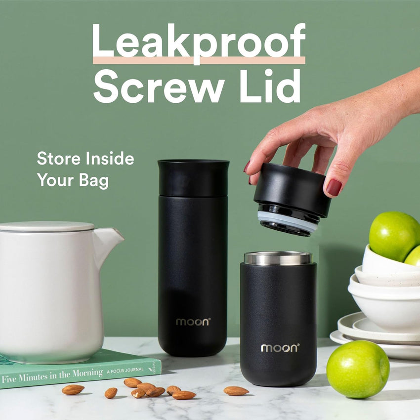 Moon 360° Insulated Travel Mugs - Leak Proof Reusable Coffee Cups - Pro Version for Performance & Easy Clean - Leakproof Flask for Hot & Cold Drinks - Fits Car Cup Holders, UK Company (500ml, Black)