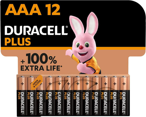 DURACELL Plus AAA Batteries (12 Pack) - Alkaline Batteries 1.5V - Up to 100% Extra Life with POWER BOOST Actives- Reliability For Everyday Devices - 0% Plastic Packaging - 10-Year Storage-MN2400