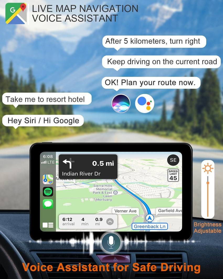 Wireless Apple CarPlay Android Auto Screen for Car, 7" HD Touch Screen Car Stereo Portable Live Navigation Car Play Mirror Link Music Video Player Siri/AirPlay/AUX/FM/Radio