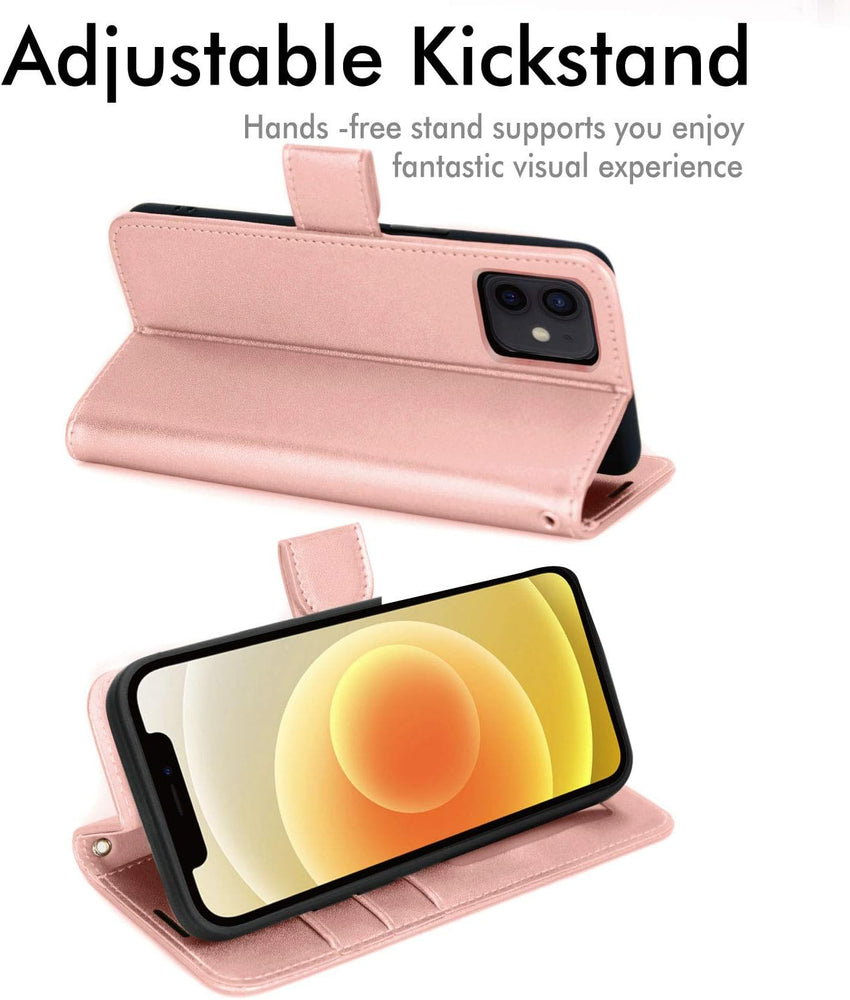 TECHGEAR iPhone 12 Pro Leather Wallet Case, Flip Protective Case Cover with Wallet Card Holder, Stand & Wrist Strap - Rose Gold PU Leather with Magnetic Closure for iPhone 12/12 Pro 6.1"