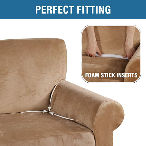 BellaHills Real Velvet Stretch Sofa Covers Couch Covers Sofa Slipcovers Furniture Protector for Sofas | Form Fitted with Elastic Bottom, Ultra Thick Soft Non Slip Covers (1 Seater, Camel)