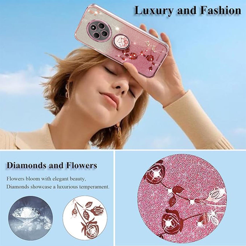 Glitter Case for Xiaomi Redmi 14C 4G, Ultra Thin Glitter Bling Women/Girls Shockproof Mobile Phone Case with Shiny Diamond Flowers Ring Stand Protective Case Pink