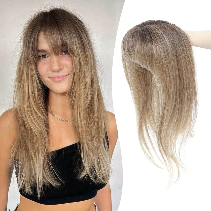Peonymebeauty Clip in Fringe Hair Toppers, 4"X5" Base Topper with Bangs for Hair Loss Long Layered 18 Inch Synthetic Fiber Wiglets Ladies Straight Hairpieces for Women(Natural Blonde with Dark Root)