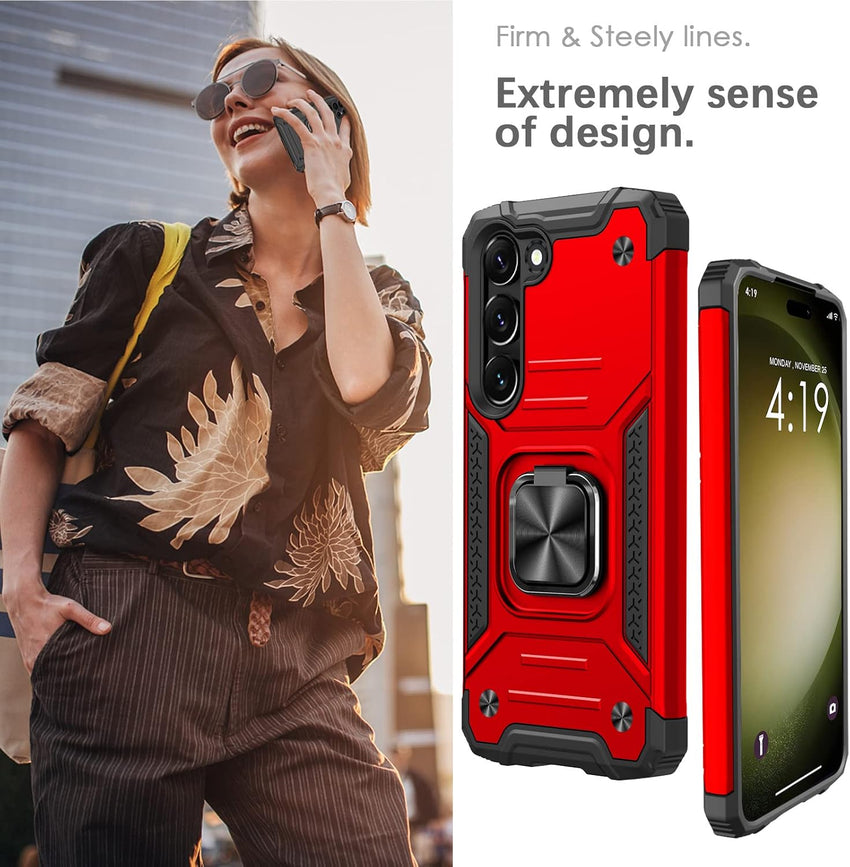 ShockProof Case for Samsung Galaxy S23 with Ring Kickstand, Bumper Armour Phone Cover for Samsung Galaxy S23 - Red