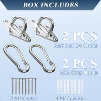 OHIYO 2PCS M10 Stainless Steel Pad Eye Hooks+2PCS M10 Snap Hooks, Heavy Duty Hammock for Hanging, 1300lbs Capacity for Swing Set, Plant Hanger, Outdoor Lights