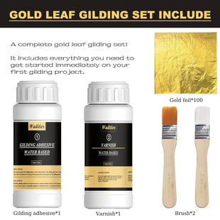 Wadities Gold Leaf Gilding Adhesive Set, 100ml Water Based Metal Leaf Glue and 100ml Varnish, Gold Leaf Sheets 100 pcs, 2 Brushes, for Craft, Painting and Arts