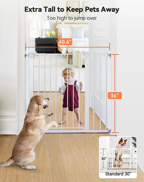 COMOMY 91.5cm Extra Tall Baby Gate for Stairs Doorways, Fits Openings 75-103cm Wide, Auto Close Sturdy Safety Dog Gate for House, Pressure Fit Easy Walk Through Pet Gate with Door, White