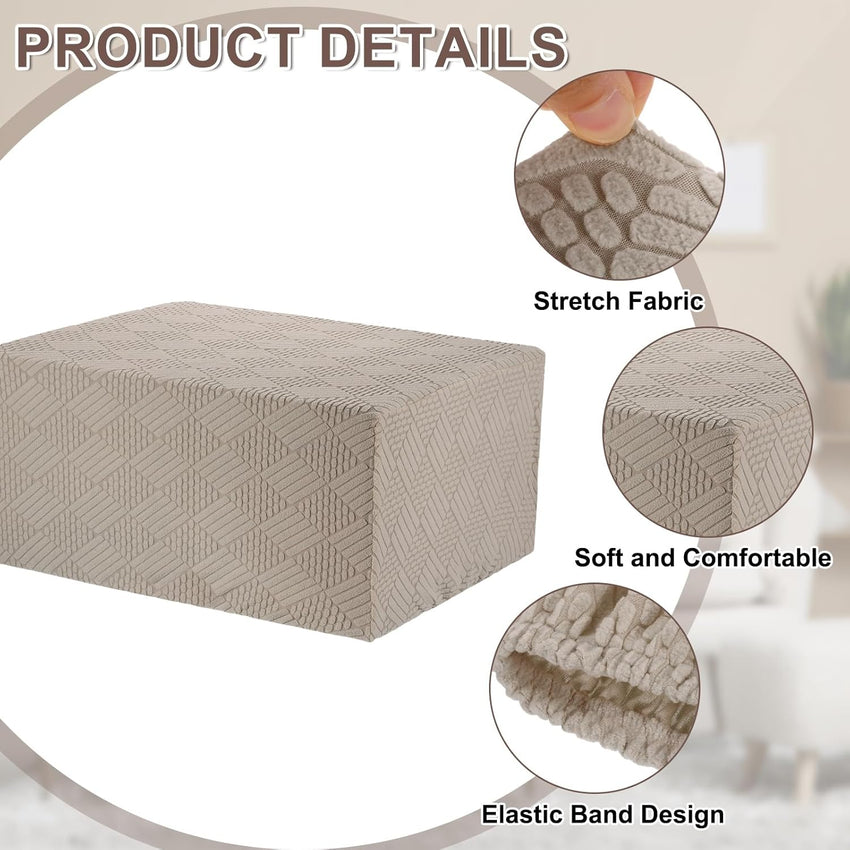 Stretch Foot Stool Cover Stripe Square Foot Stool Slipcover with Elastic Furniture Protector for Living Room Bedroom Fit Length 85-95cm / 33"-37", Large, Khaki
