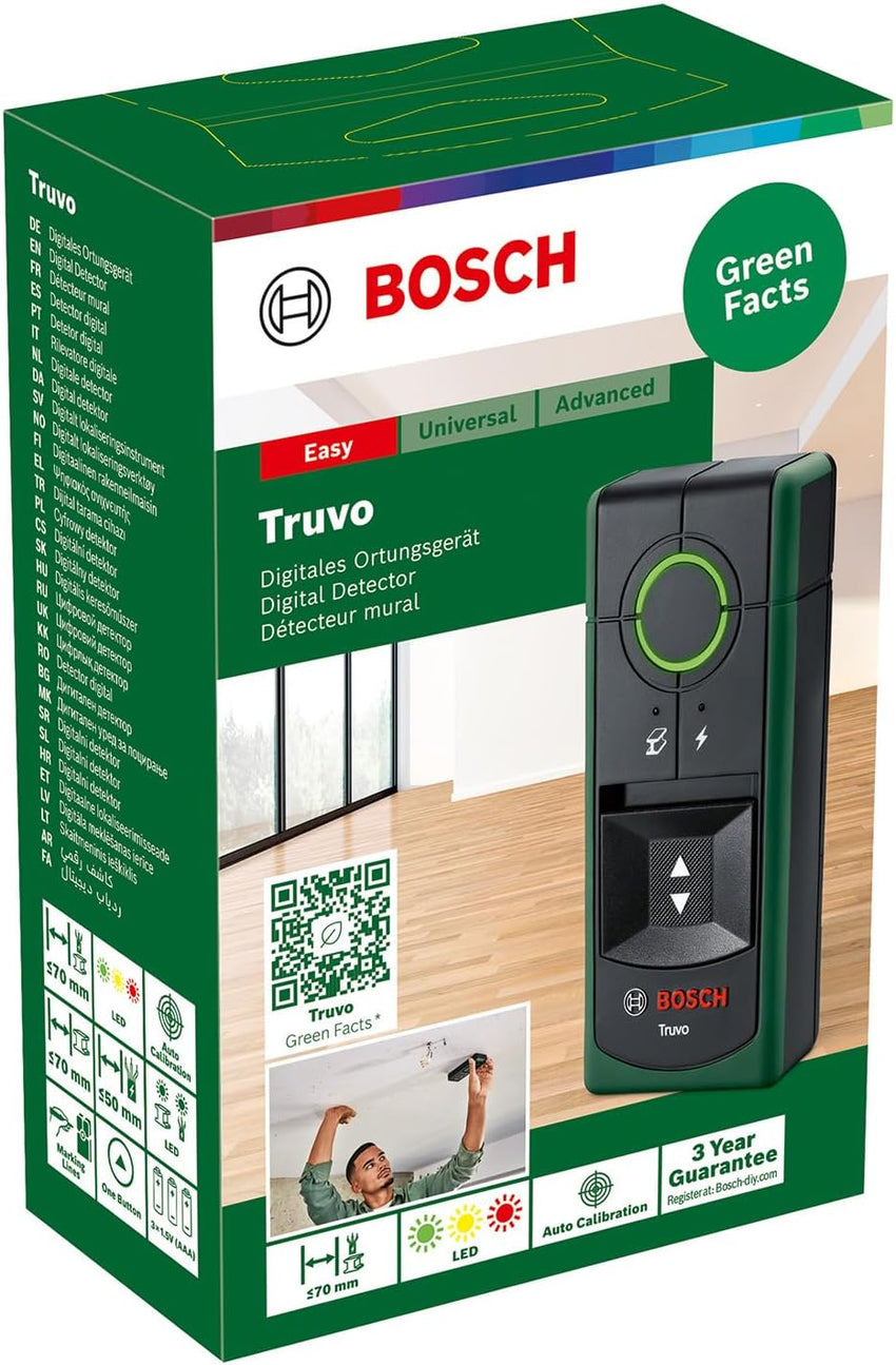 Bosch Detector Truvo 2nd gen. Easy one-Button handling, Simple Detection of Live Cables & Metal wall Scanner up to 70mm, Duracell batteries included