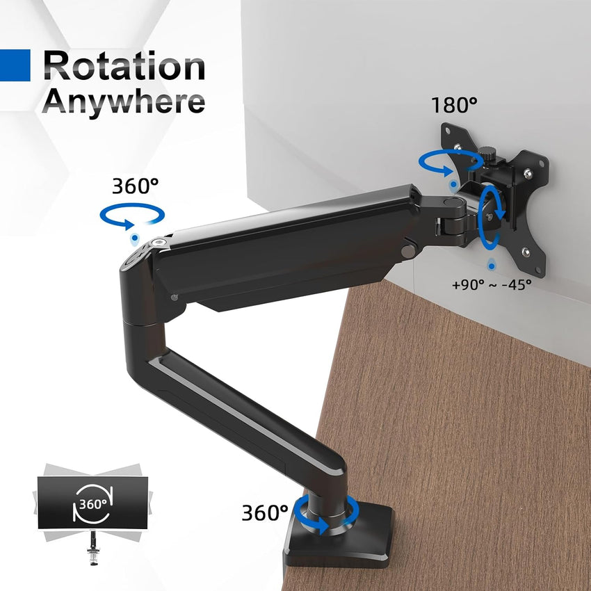 GRIFEMA GB2003-1 Single Monitor Arm Desk Mount for 13" to 32" Screen, Gas Spring Single Monitor Stand, Weight 2-9KG, Height Adjustable VESA 75 & 100mm, Black