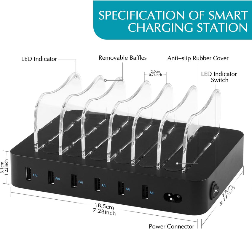 6-Port USB Charger Station Smart IC Multi-Device Charging Dock Black