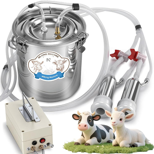 NEWTRY 2 in 1 Electric Milking Machine Kit for Goats & Cows - Portable Vacuum Pump Goat Milker with 4 Teat Cups 1 Food Grade Milk Bucket for Effortless Household Milking (7L,Battery-Powered)
