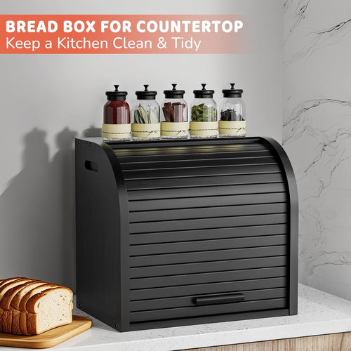 Bamboo Bread Bin 2-Layer Roll-Top Bread Storage with Removable Layer Self Assembly â Black